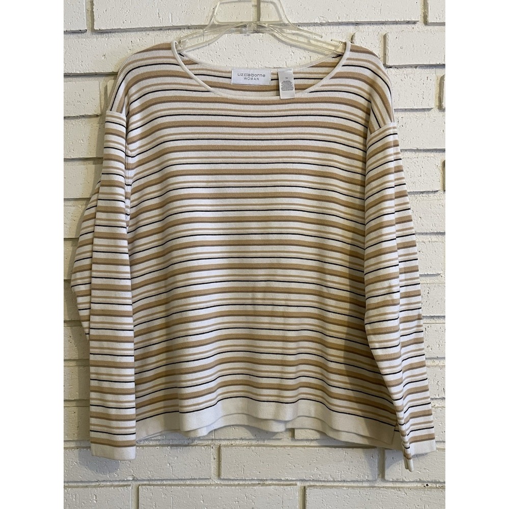 Liz Claiborne Woman Stripe Roundneck‎ Long Sleeve Top in Tan & White Sz 1X